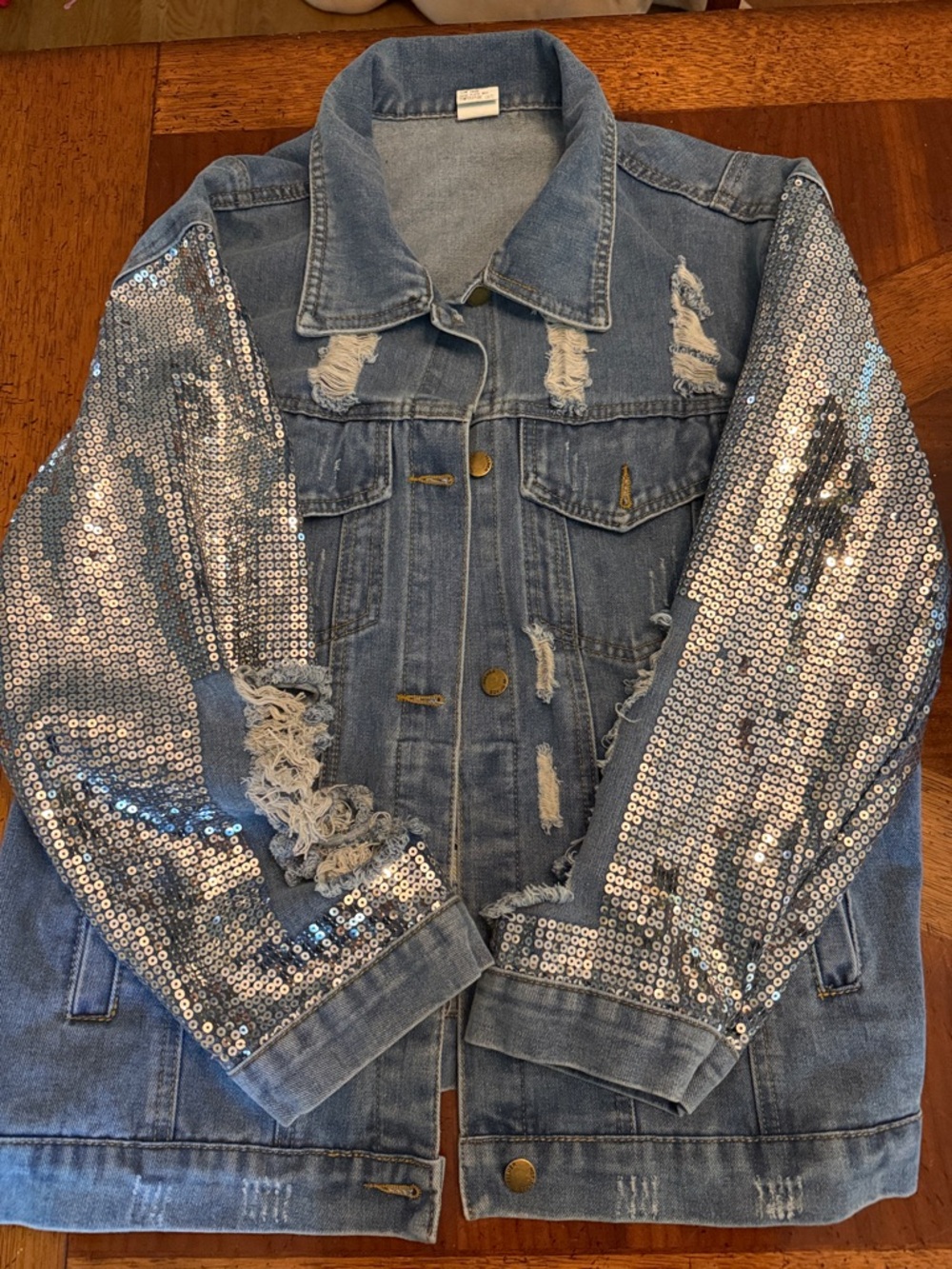 Denim Jacket with Silver Sequin Sleeves